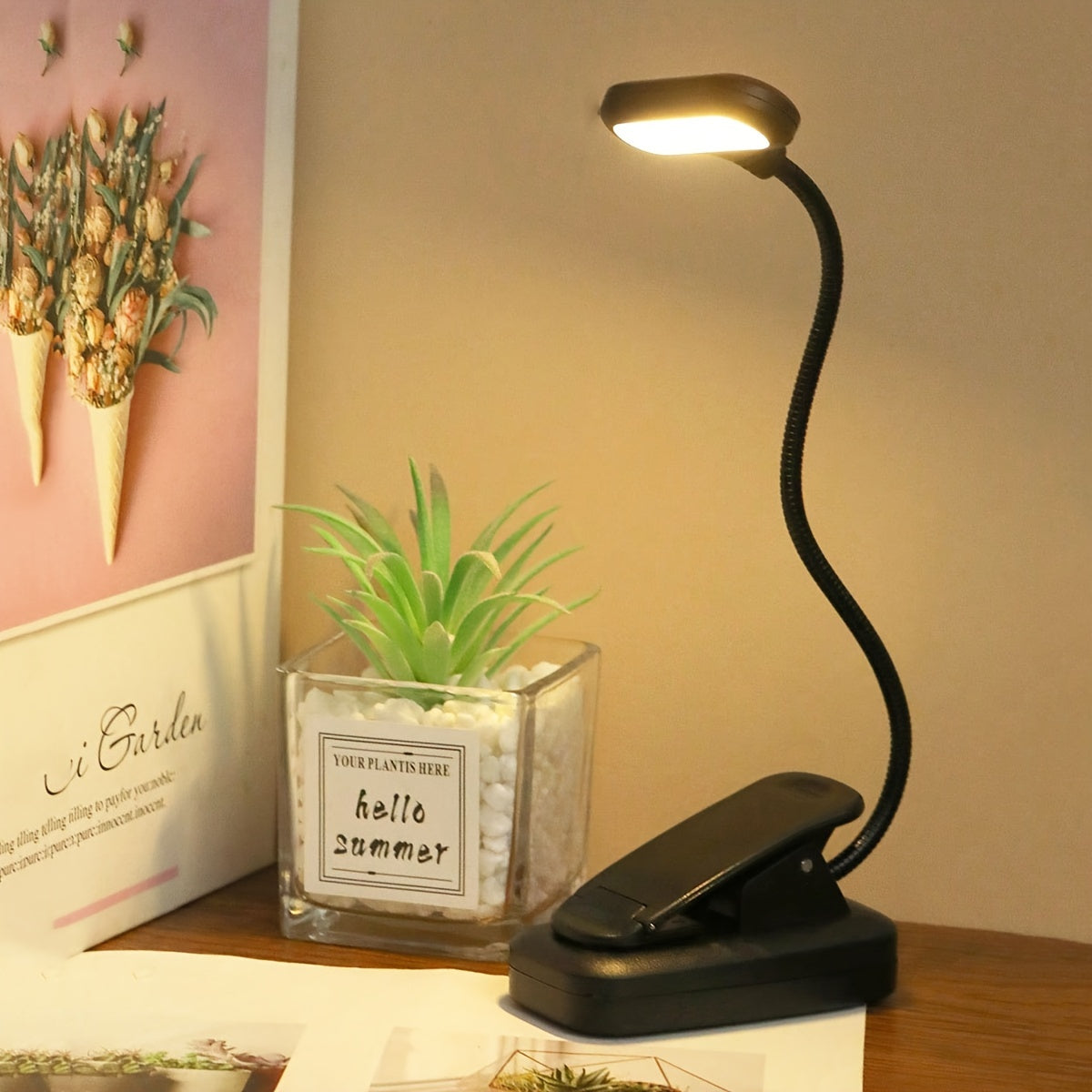 1 portable clip reading lamp with adjustable arm for night reading, desk or desktop use. Battery operated for reading at home.