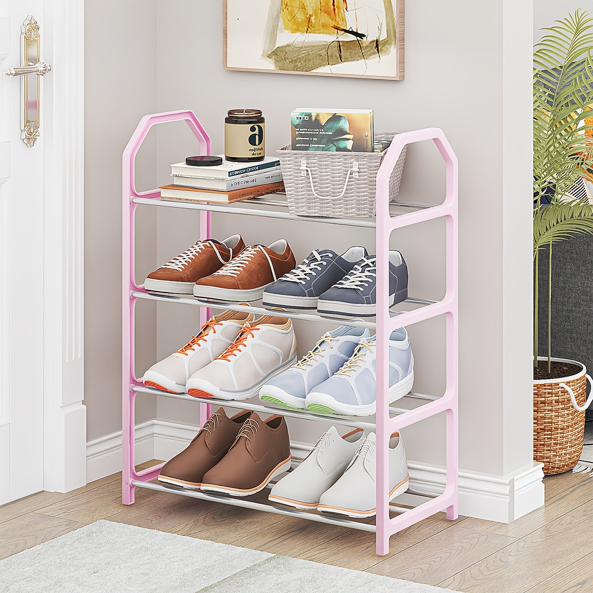 Basic multi-layer shoe shelf for a household or rental housing. This solid door shoe cabinet is versatile and functional for storing shoes.