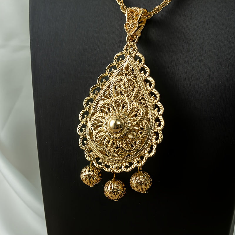 Vintage Luxury Double Layer Pendant Necklace and Earrings Set, 24K Golden Plated Zinc Alloy with Traditional Algerian Filigree Carving. Perfect for Weddings, Gifts, and Ramadan Holidays. Suitable for all Seasons. Ideal Bridal Jewelry Set.