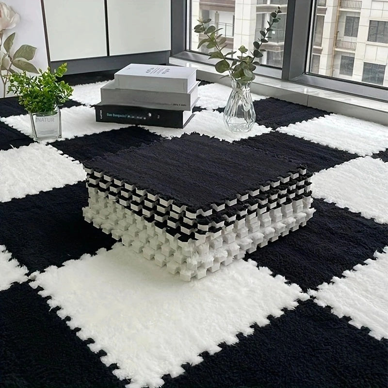 Velvet Patchwork Floor Mat for Room Bay Window with Convenient Storage, Washable Material.