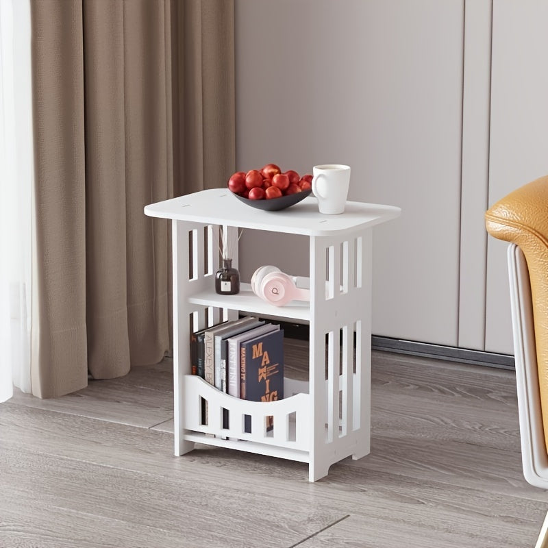 Compact plastic side table in European style with storage, ideal for use as a multifunctional end table in the bedroom or living room. Can also be used as a bedside snack and beverage table, mini coffee and magazine rack, or a space-saving coffee table.