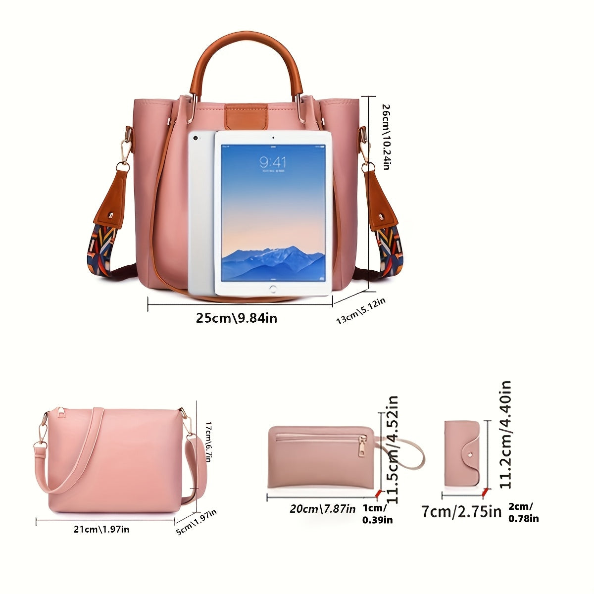 European and American fashion set with four bags in one: handbag, shoulder bag, crossbody bag, and bucket bag.