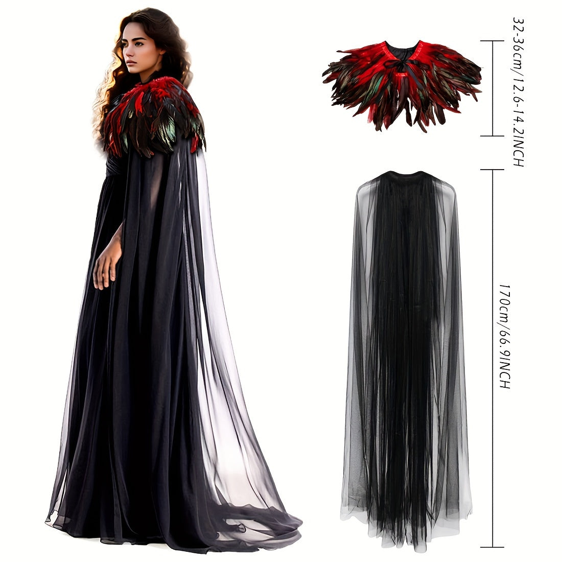 L'VOW Evil Queen Witch Costume - Perfect for Halloween Cosplay. Includes Feathered Cape, Long Robe & Shawl. Stand out in this Funky Polyester Masquerade Outfit from L'VOW.