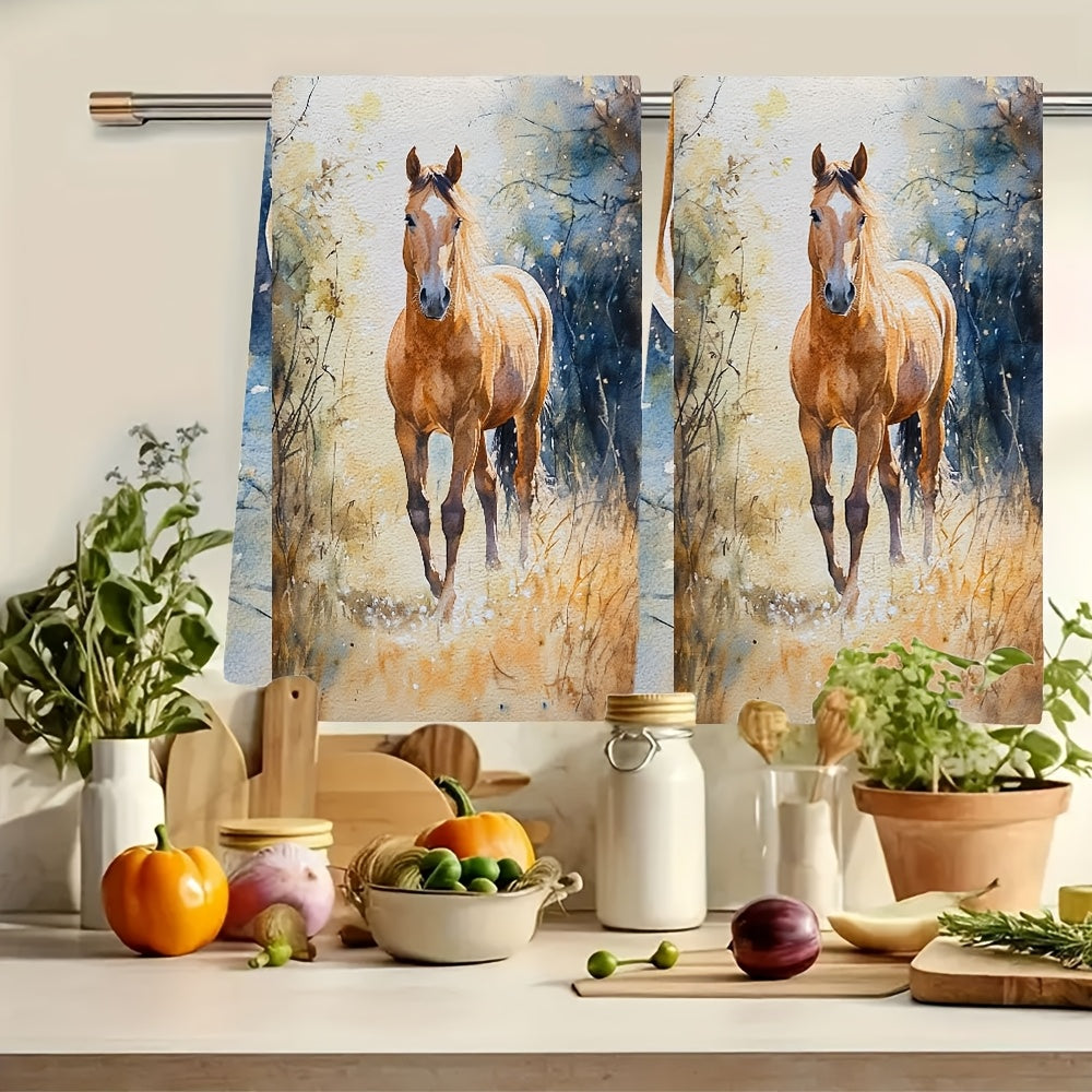 Set of 2 Coastal Horse Design Kitchen Towels, Made of Highly Absorbent Polyester Knit Fabric, Easy to Clean in the Washing Machine, Featuring a Modern Contemporary Style, Size 40.64x60.96 cm - Model Number 2KYSYS1218557, Horse Themed Towels for the