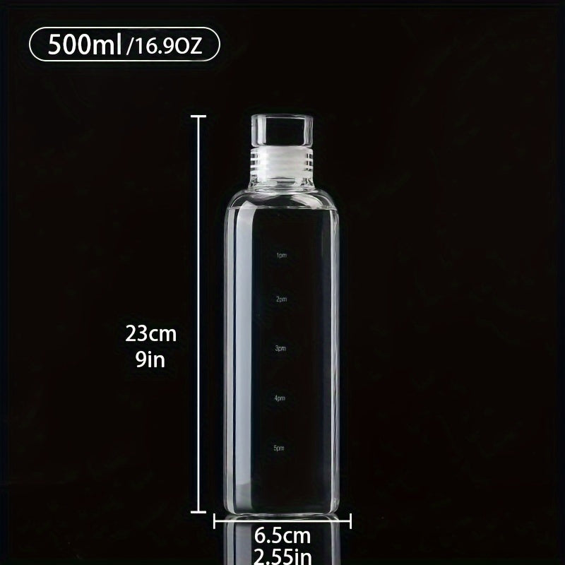 BPA-free glass water bottle with time marker for outdoor use, available in four sizes.