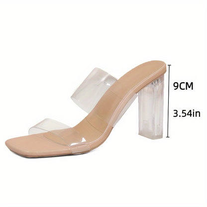 Women's color block heeled sandals with transparent straps.