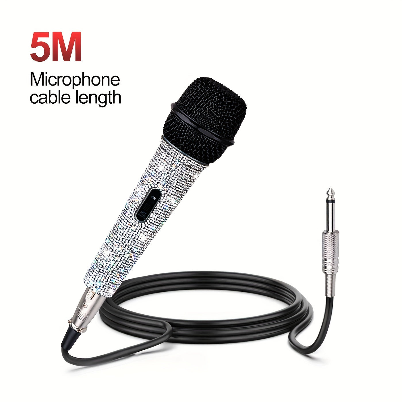 Metal handheld microphone decorated with rhinestones, ideal for singing with a 5.0 meter XLR cable.