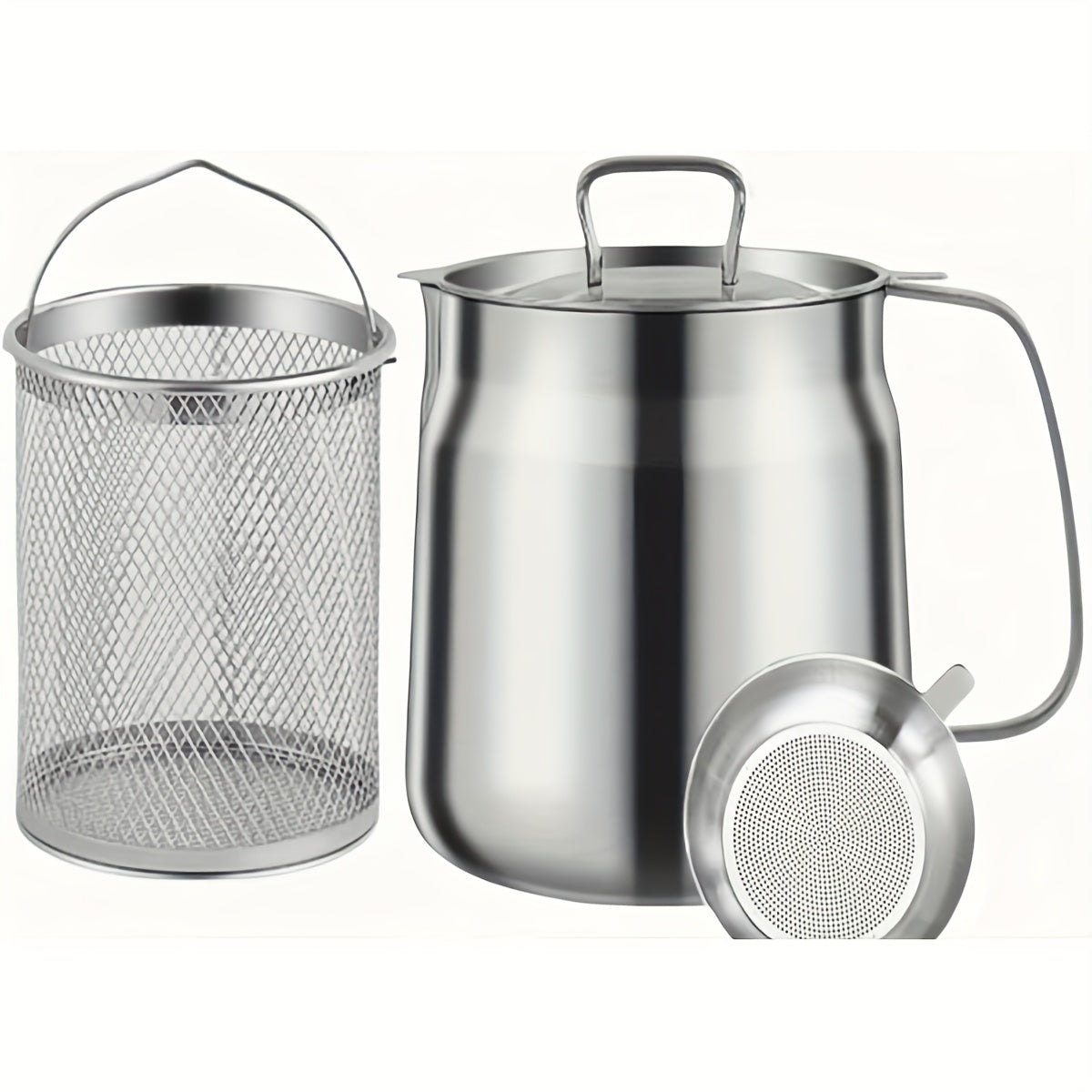 Large Capacity Oil Strainer Pot Set with Dust Cover and Fine Mesh Filter - 3 Pieces of 304 Stainless Steel - Kitchen Grease Keeper with Leakage Net for Fat Filtering, Storage, and Reuse - No Electricity Required