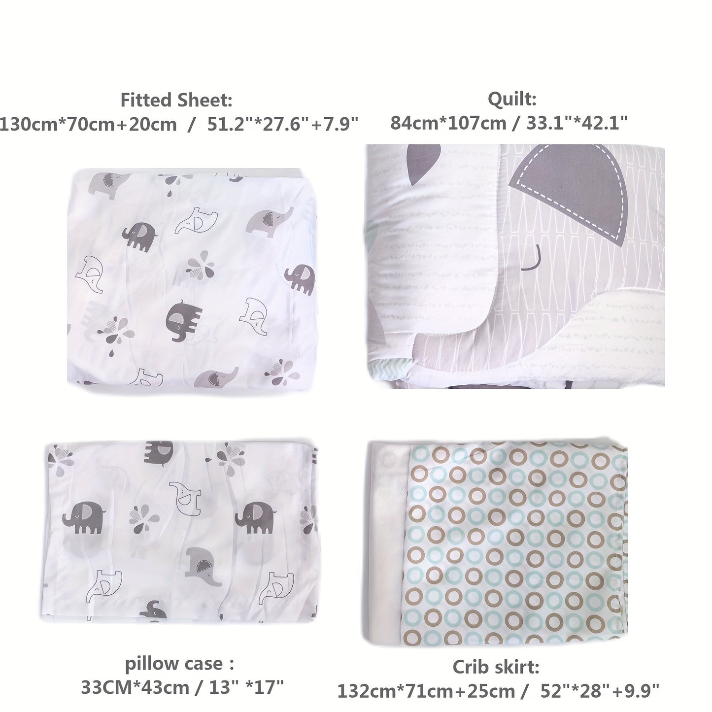 Set of 4 elegant polyester bedding items with baby cartoon animal print design for crib, including quilt, fitted sheet, crib skirt, and pillowcase.