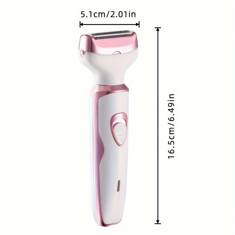 Women's electric razor kit with 4 functions: face, nose, legs, and bikini area shaving. USB rechargeable, painless design, suitable for wet/dry use. Portable with 500mAh lithium battery.