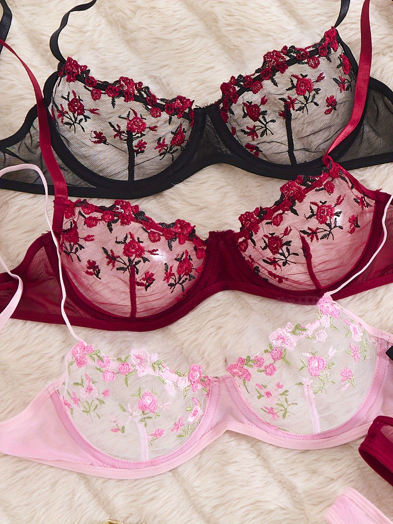 3-piece sexy lingerie set for women with floral embroidery, breathable bra, and mesh panties.