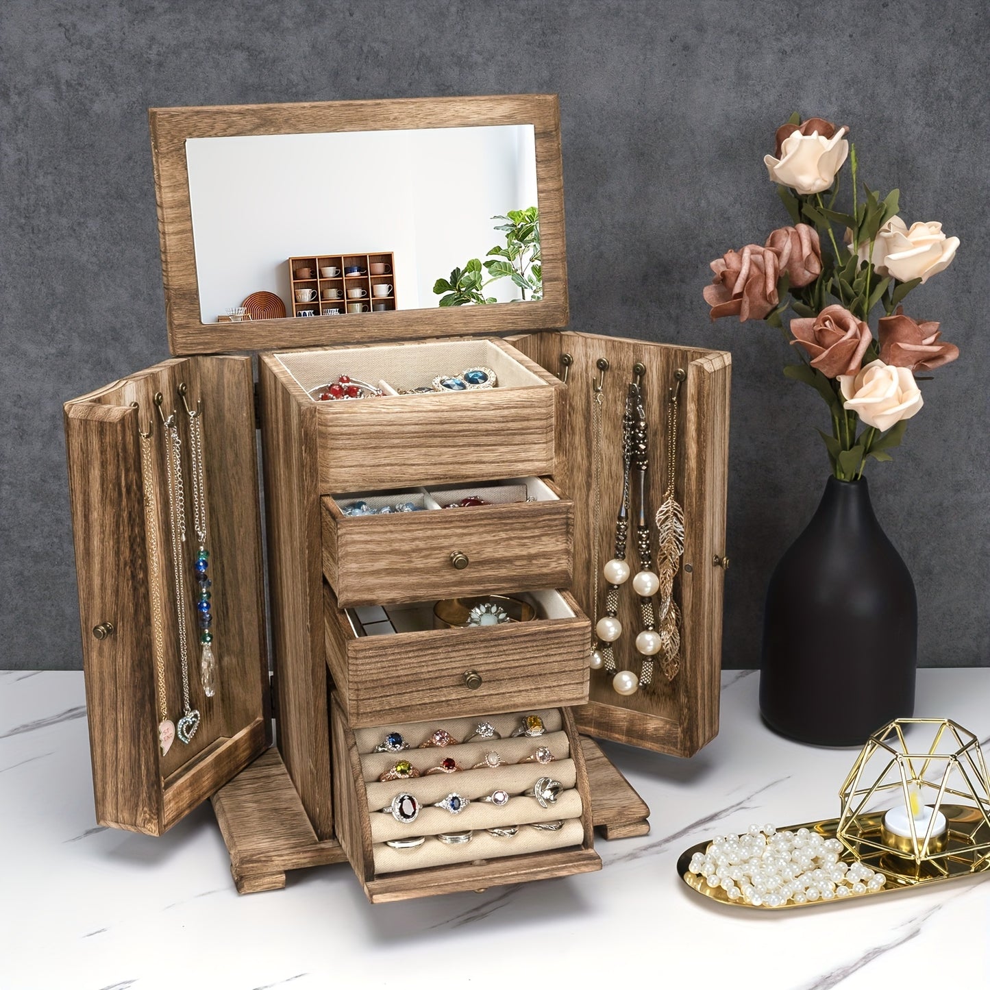 1pc Rustic Wooden Jewelry Box with Mirror and 4 Layers for Organizing Rings, Earrings, Necklaces, and Bracelets.