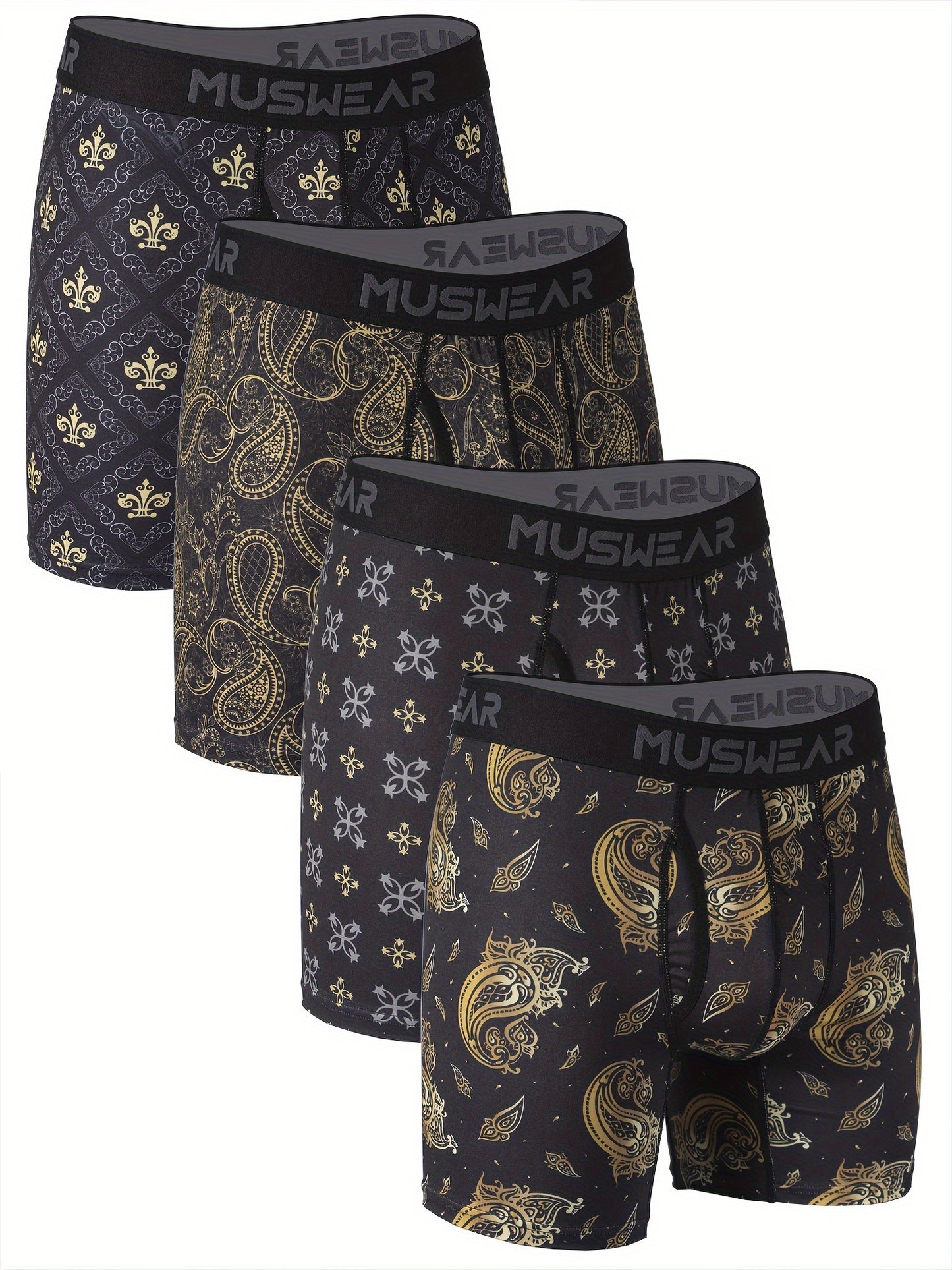 Men's Quick-Dry Boxer Briefs with Baroque Print, Side Openings, Stretchy Polyester & Spandex Blend