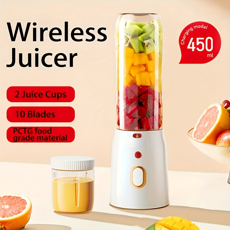 Portable USB rechargeable fruit juicer with a capacity of 15.22oz. This mini blender comes with dual cups (1 for juicing and 1 for food), detachable design, easy push button control, and is made of food-grade PP material. It features 10 stainless steel