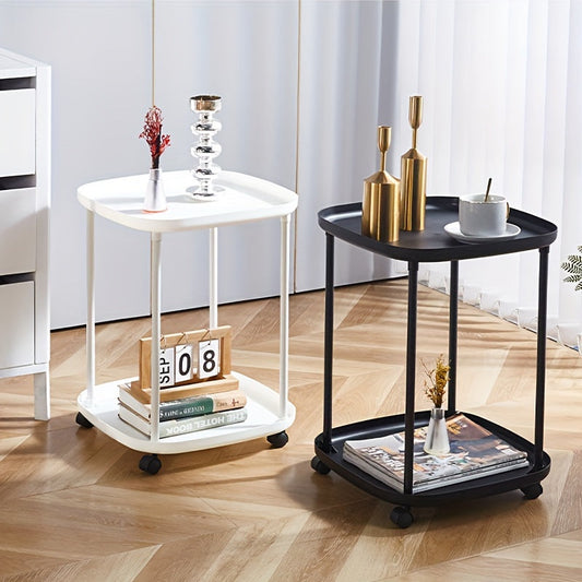 Compact rolling side table that doubles as a portable coffee and bedside table.