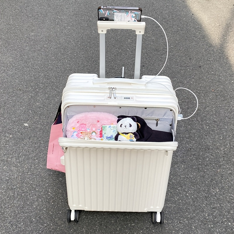 20-Inch Lightweight Hard-Shell Spinner Luggage with USB Port, Expandable Handle, and Multi-Directional Wheels, Stylish White Suitcase for Travel and Business Trips.