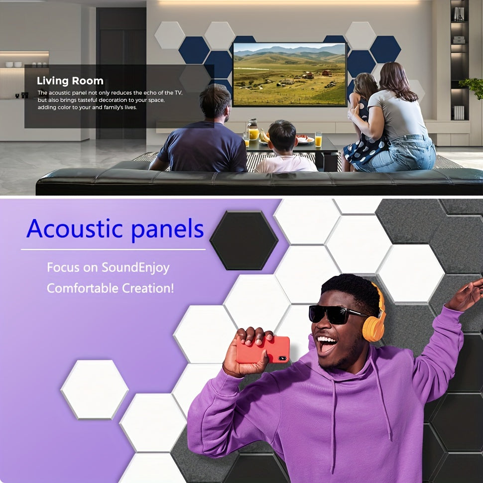 12-pack of self-adhesive hexagonal acoustic panels, sized 10.2 x 8.8 x 0.4 inches, for home, office, and recording studios.