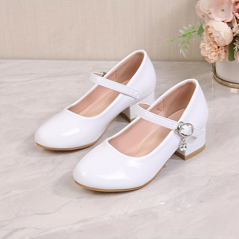 Girls' Princess High Heel Ballet Shoes in British campus style, ideal for weddings and formal events. Available in black, white, pink, and golden colors with a durable TPR sole.