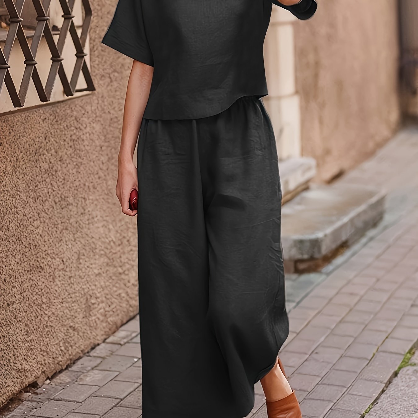 Casual Women's Crew Neck T-Shirt and Wide Leg Pants Set