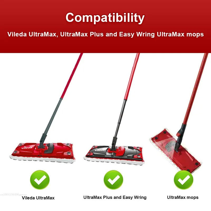 Two pieces of quick-dry microfiber mop pads that are reusable and washable. These pads are compatible with Vileda UltraMax and UltraMat.