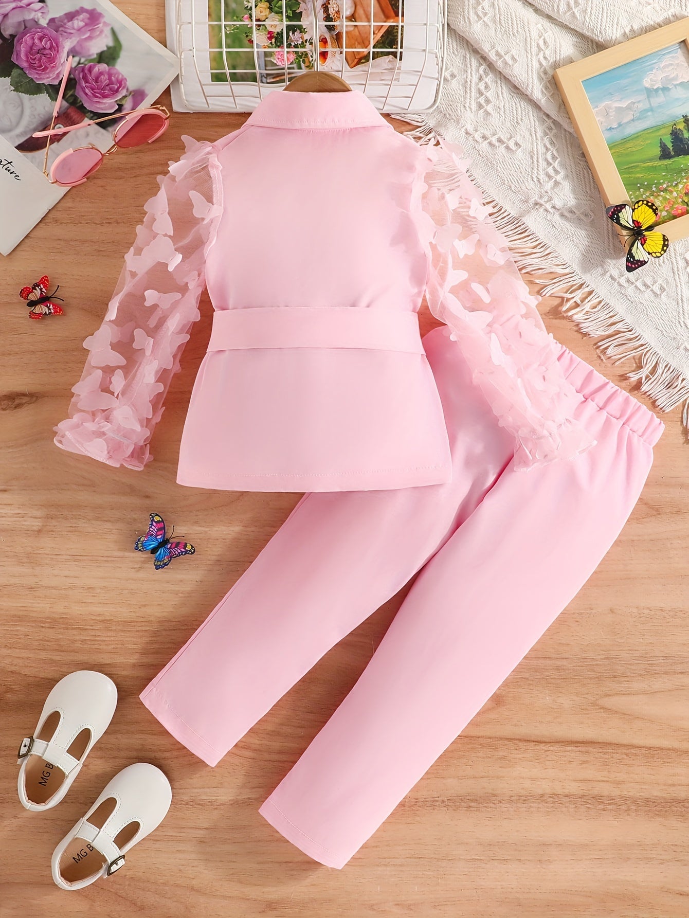 Girls' pink butterfly blazer and pants set with ruffled detail, perfect for all seasons and outdoor wear.