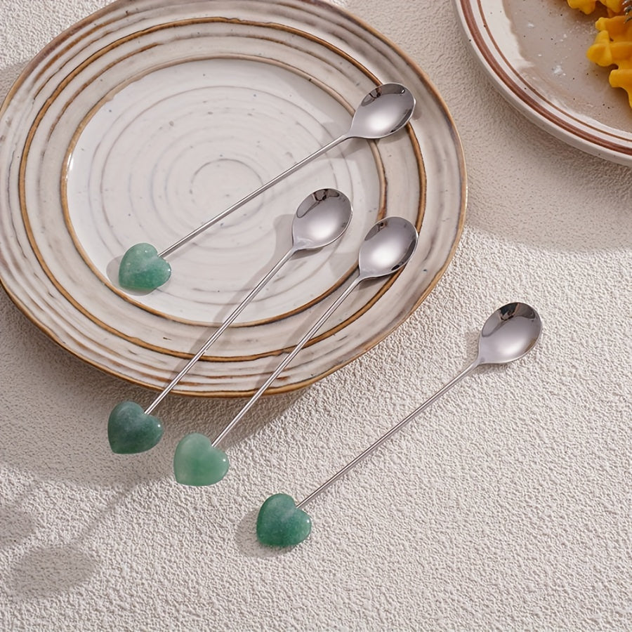 Enhance your dining experience with these exquisite stainless steel spoons featuring beautifully polished natural heart-shaped gemstones. Ideal for adding a hint of opulence to your coffee, tea, desserts, or appetizers. Perfect for special occasions such