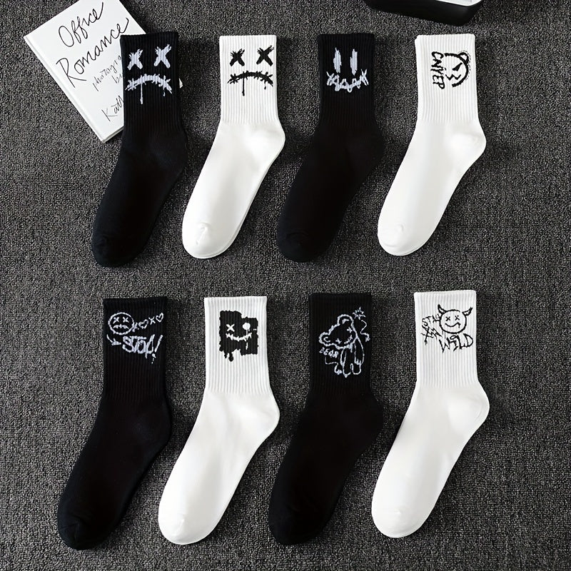 Men's trendy graffiti crew socks, 3/5/8/10 pairs, breathable and comfy for outdoor wear