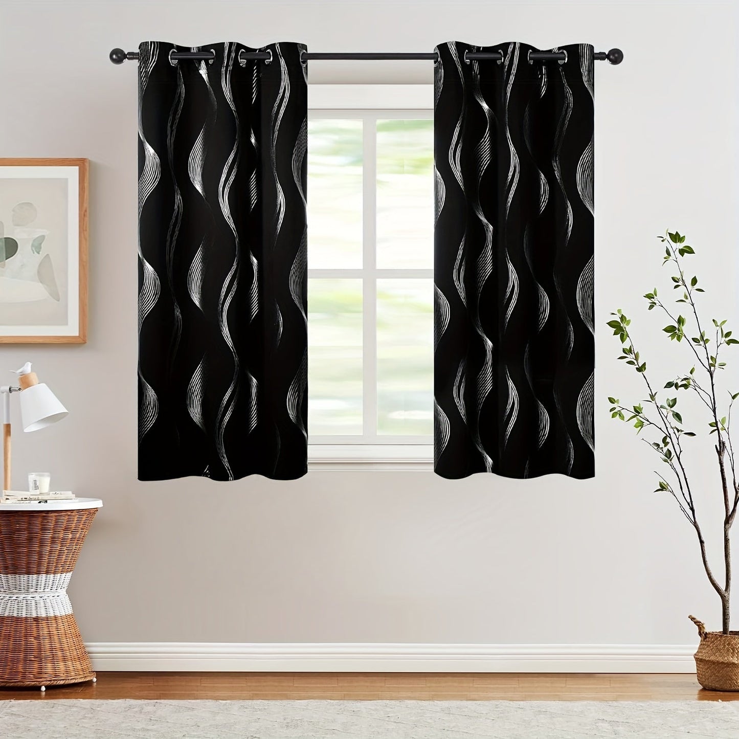 Two pieces of contemporary blackout curtains made from high-quality woven polyester, featuring a grommet top design for easy hanging. These room darkening drapes are machine washable and showcase a fantasy stripe pattern with eyelet detailing. Suitable