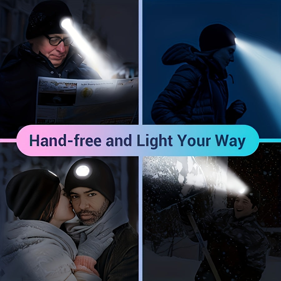 One piece of unisex beanie hat with LED light, featuring 4 LED lights powered by button cell batteries. This knitted hat allows for hands-free illumination, making it perfect for night walking, fishing, camping, and hunting.