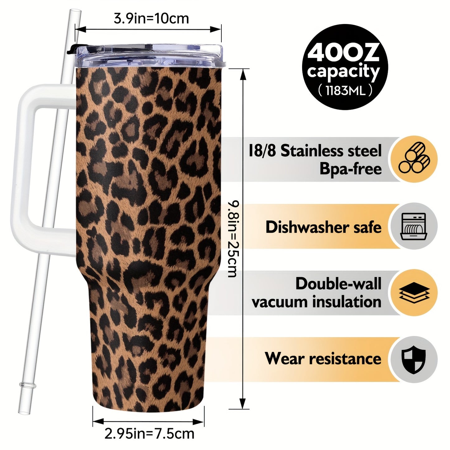 Adiffly 40oz Stainless Steel Tumbler with Handle, Lid, Straws - BPA-Free Double-Wall Vacuum Mug - Leopard Print - Maintains Temperature for Hours - Hand Wash Only - Cup Holder Compatible