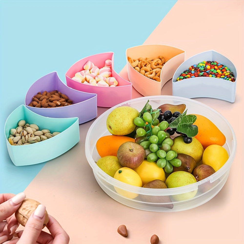 Fruit snack serving tray with lid, 30.99 cm container, 5-compartment round platter for parties.