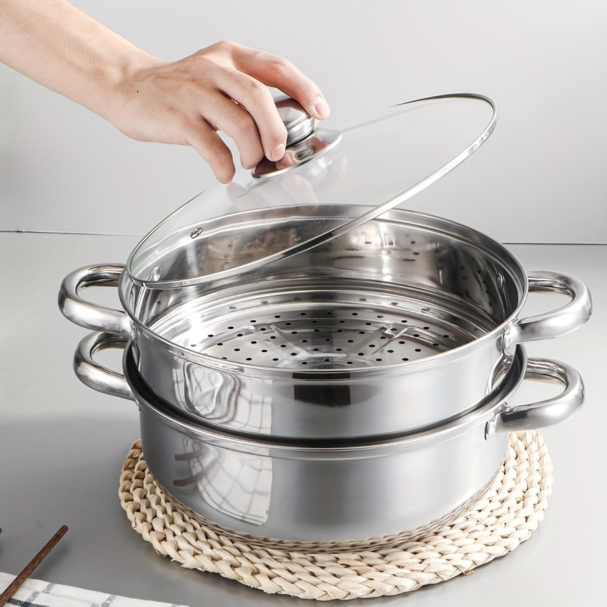 Stainless Steel 2-Tier Steamer Pot with Lid - Ideal for Cooking Vegetables, Dumplings, Stocks, Sauces, and More