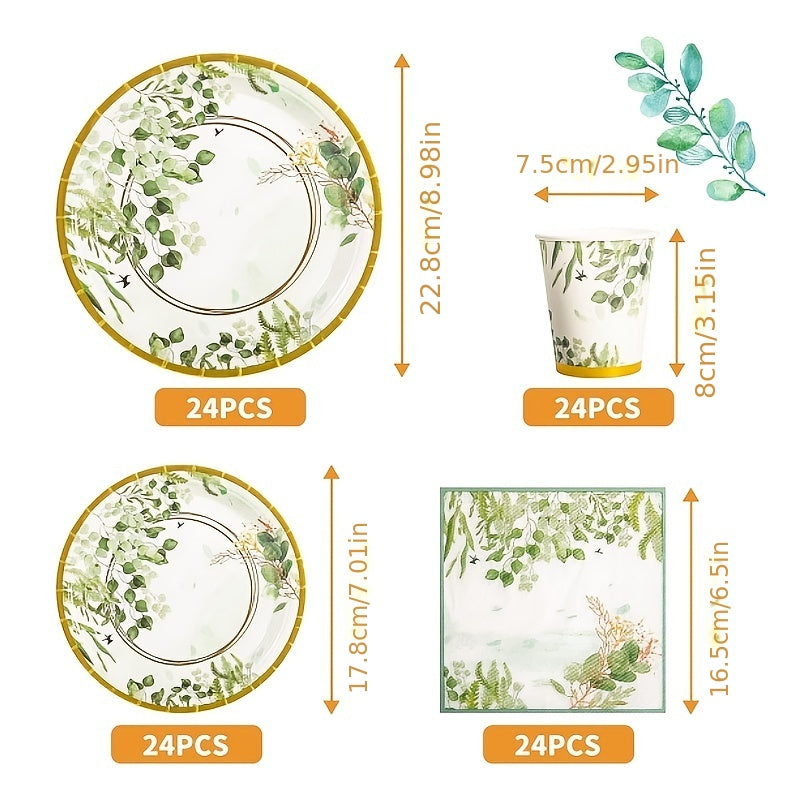 Disposable Green Leaves Themed Tableware Set - Includes 120 Pieces, Ideal for Serving 24 Guests. Perfect for Elegant Party Decor with Paper Plates, Dessert Plates, Napkins, and Paper Cups. Stylish Supplies for Birthdays, Weddings, Festivals