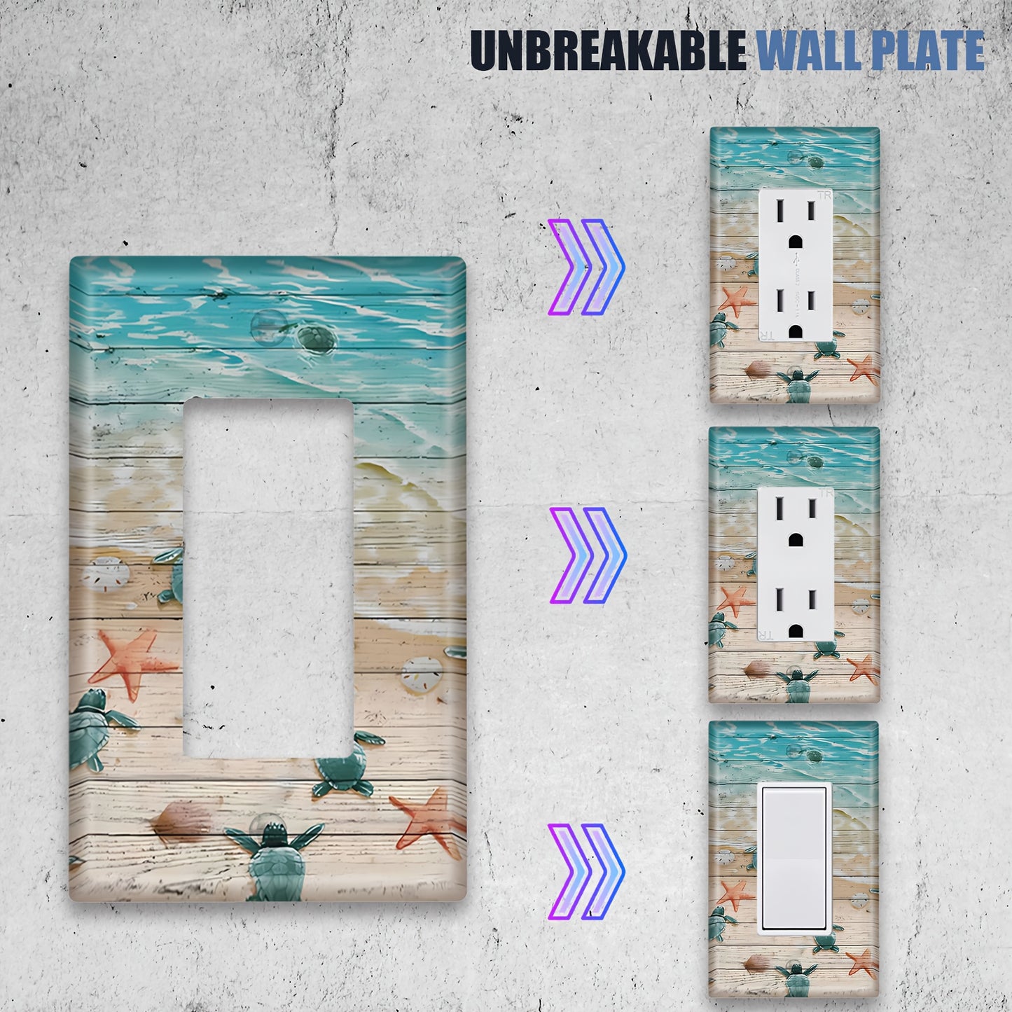 Ocean-inspired wooden panel light switch cover to easily decorate walls. Fits standard wall boxes with screw-in mount, no wires or batteries needed. 1 piece included.