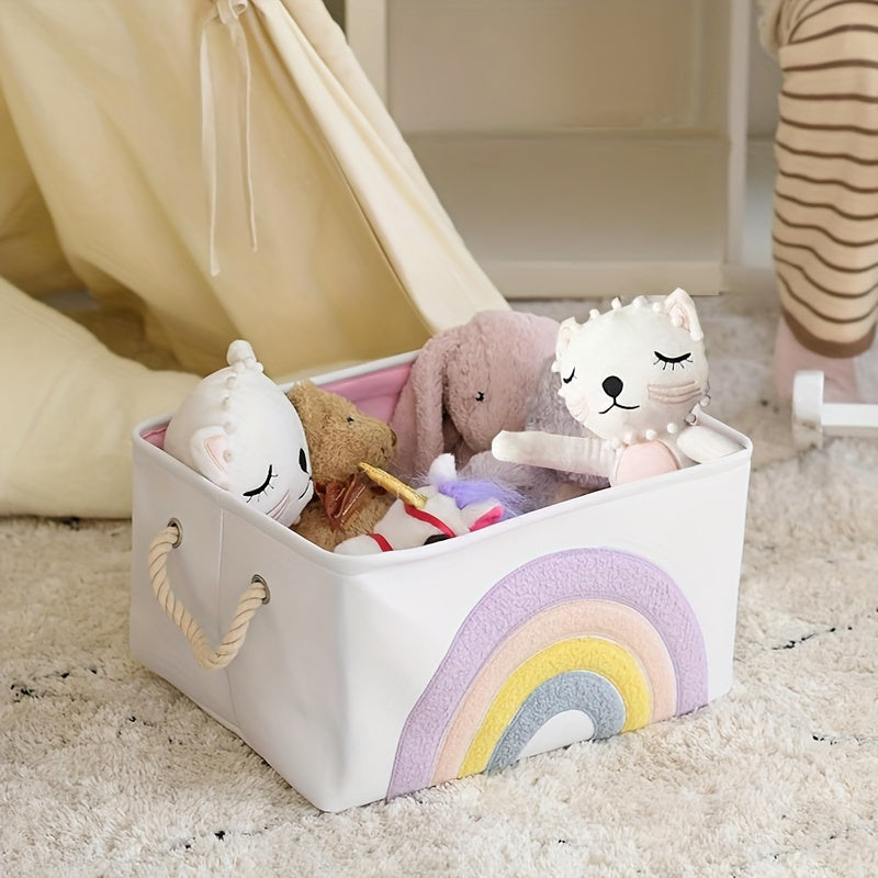 Large canvas storage basket with handles, featuring a foldable rainbow design. Ideal for organizing toys, home items, DIY supplies, and as a gift bin for birthdays or showers. Suitable for individuals aged 14 and over, made from high-quality textile