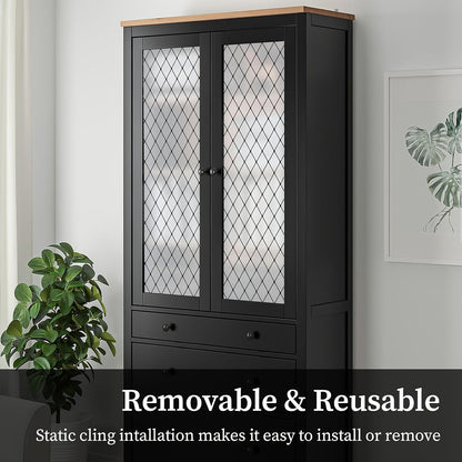 Privacy window film in a black lattice design that is 5mil thick, static cling frosted glass door cover with UV protection. Easy to install for home decor.