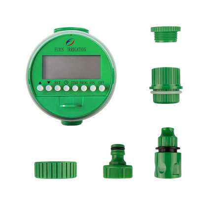 Automatic Digital Watering Timer with LCD Display - Battery operated controller for home irrigation, European standard plastic material, green generation.