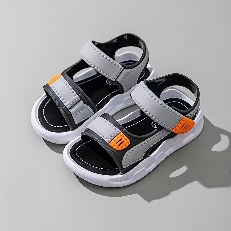 Boys' cartoon design beach sandals with hook-and-loop closure, breathable PU material, rubber sole for outdoor fun in movement and leisure style during spring/summer.