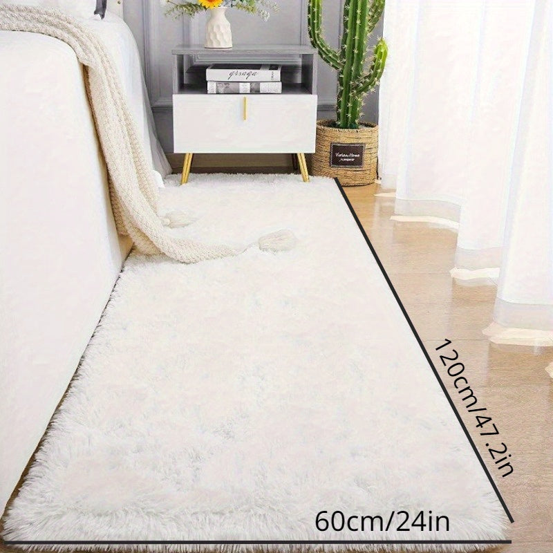 Soft and fluffy bedroom rug - shaggy plush area rug for teens' college dorm, living room, home decor. White floor carpet.