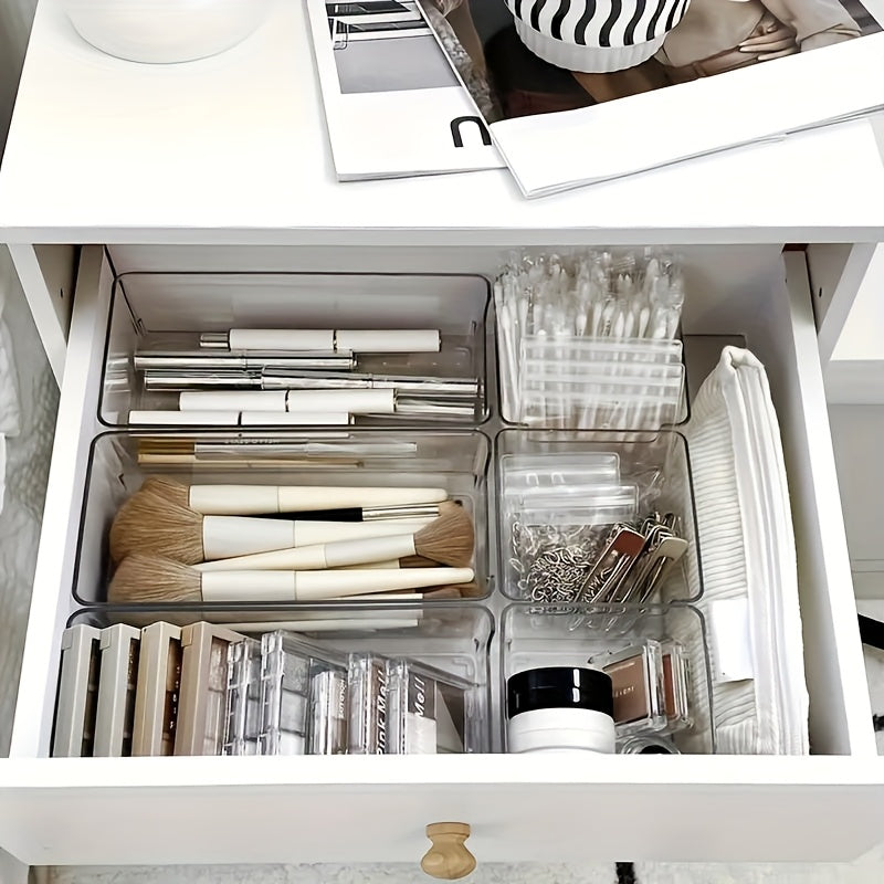 7pcs Clear Plastic Makeup Organizer Set for Countertop with Stackable Drawer Dividers. Easy assembly, power-free operation. Sleek and durable storage solution for cosmetics and office