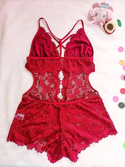 Sexy lace teddy with heart decor, deep V backless bodysuit.