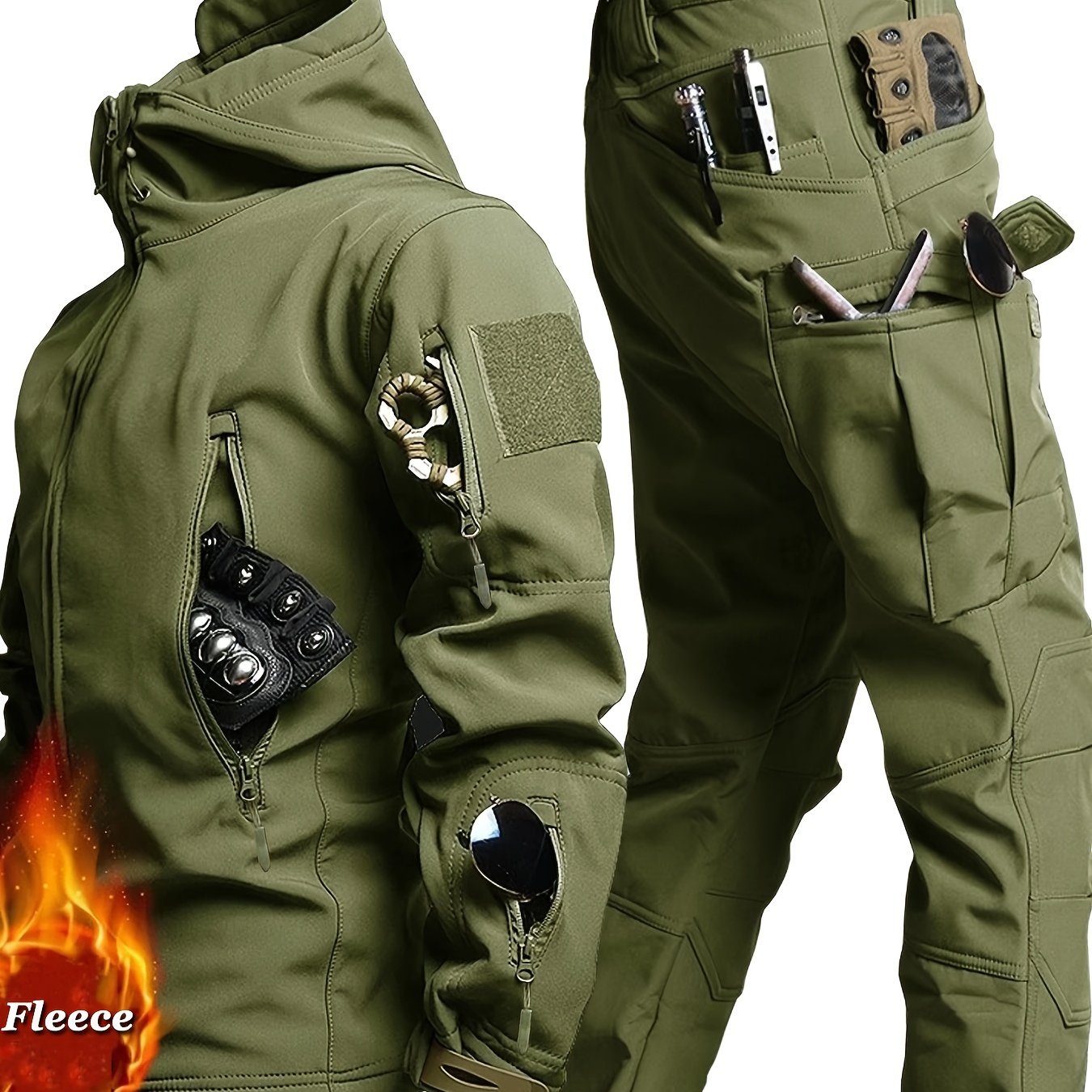 Men's tactical jacket and cargo pants set with fleece lining - perfect for outdoor activities in cold weather.