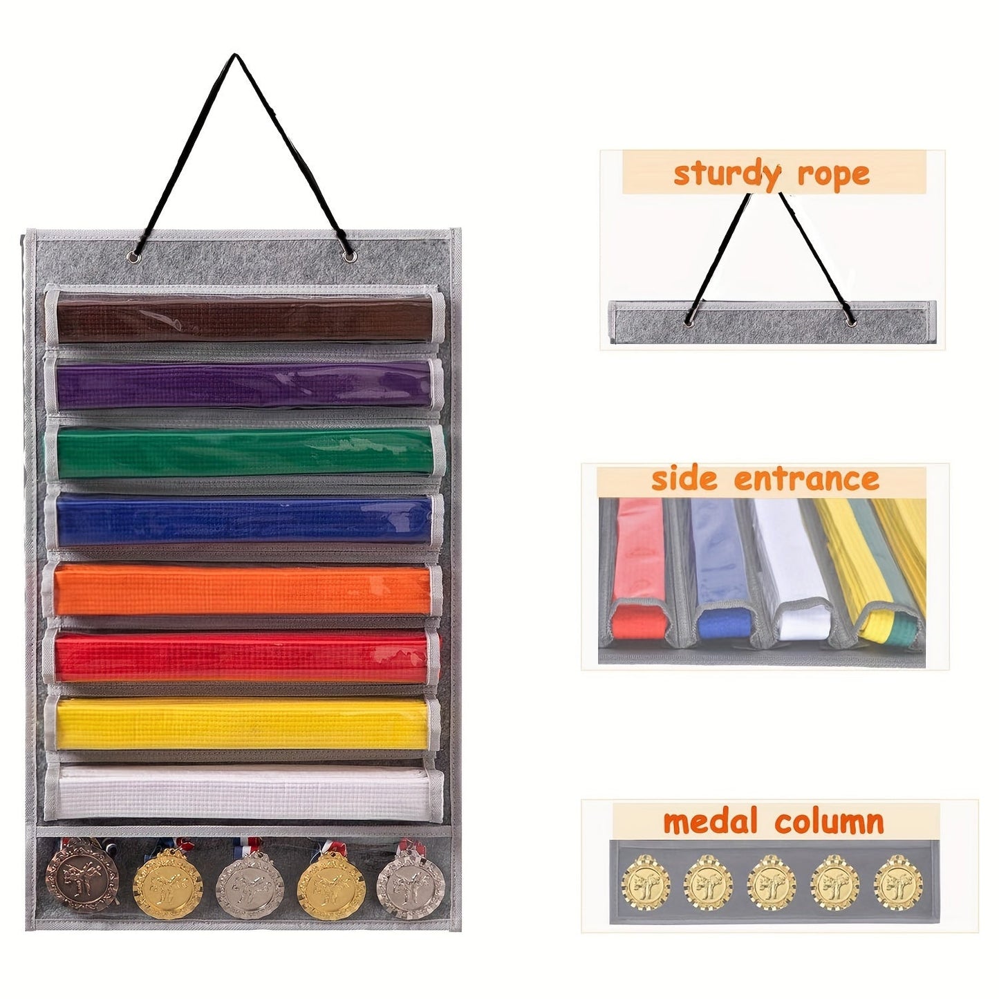 Display your martial arts belts and medals with pride on this durable felt organizer. With 9 clear pockets, this rack can hold up to 8 belts and 5 medals. Easy to install on your wall, this decorative piece is perfect for karate and taekwondo enthusiasts.