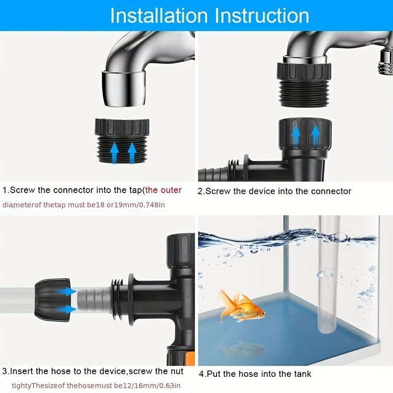 Aquarium water changer with diverter faucet connector and cleaning tools.