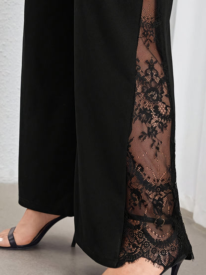 Wide leg pants with lace detailing, elastic waist, ideal for spring and fall plus size women's clothing.