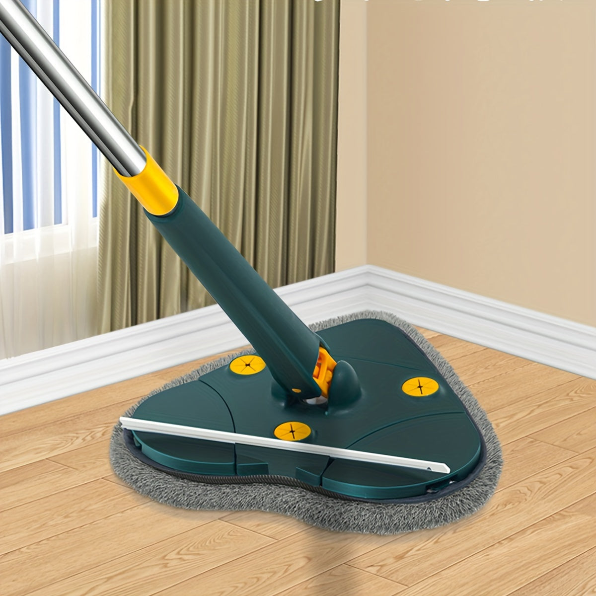 Extendable squeegee with integrated scraper and mop. Hands-free wringing flat mop for household, bathroom, kitchen, glass, and floor cleaning. Love heart shape design. Made of plastic and stainless steel. versatile and multipurpose cleaning tool.