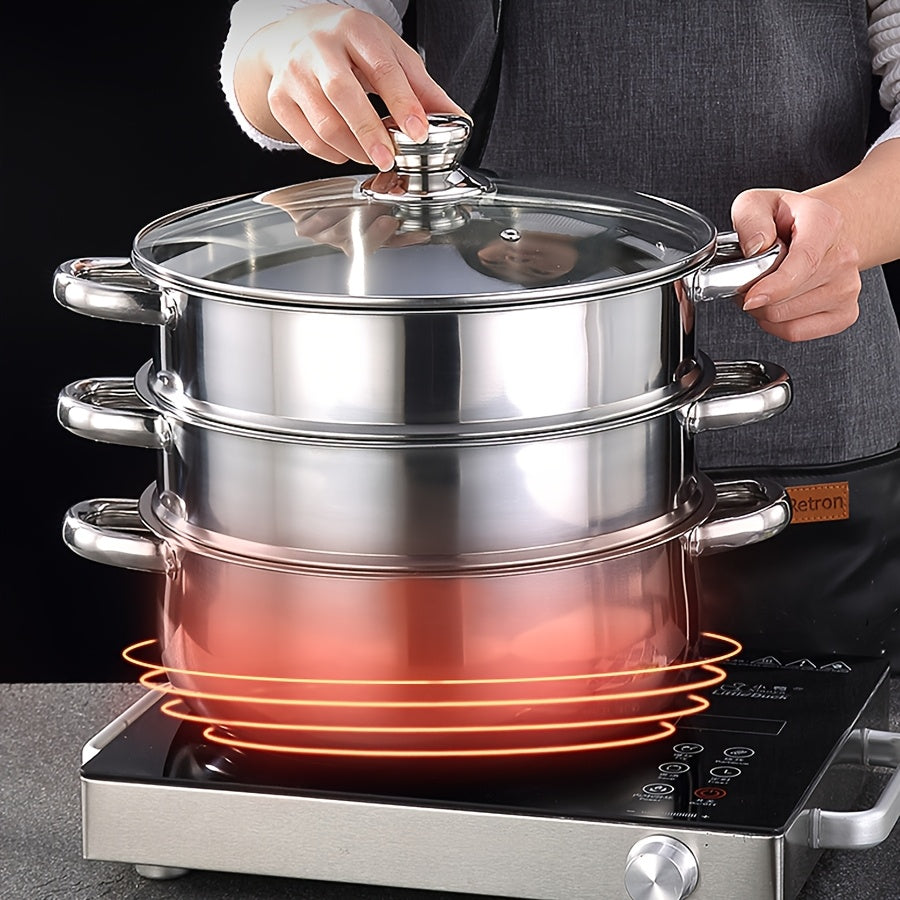 Stainless Steel Steamer Set with 4 Pieces: Quick Cooking Pot, Large Capacity Stackable Steamer with 1 Thick Soup Pot, 2 Tier Steaming Baskets, and 1 Lid. One Pot for Steaming and Cooking, Anti-Scald Handles, Easy to Clean, Suitable for All Stove Types.