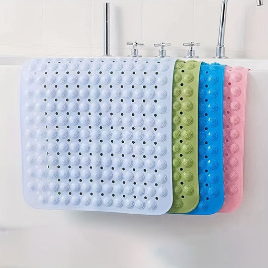 Non-slip bath mat featuring drainage holes, ideal for use in home, hotel, shower stall, and bathroom.