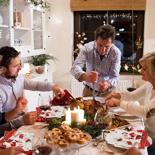 Package of 40 tri-fold disposable Christmas napkins featuring a Santa print, perfect for holiday parties and dining.