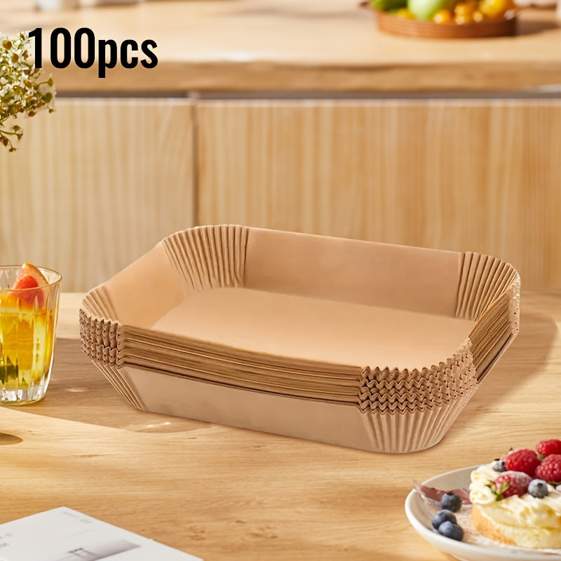 Ideal for home chefs, these Non-Stick Silicone Paper Air Fryer Liners come in a pack of 50 or 100 pieces. They are food-safe, easy to clean, space-efficient, oven safe, and disposable. Perfect for cooking and serving, these baking sheets are a must-have